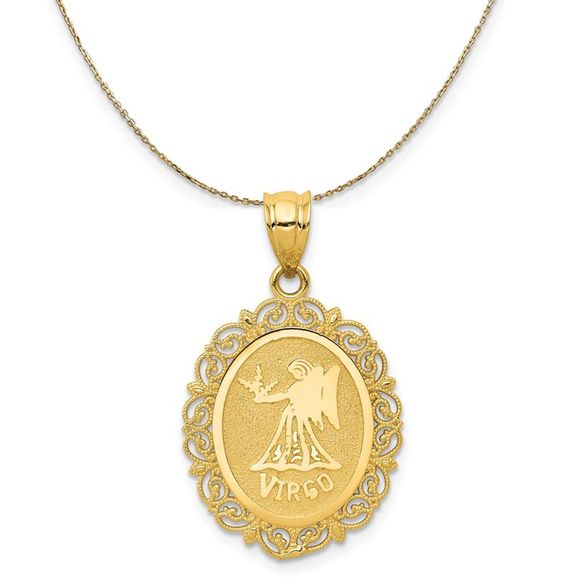 14k Yellow Gold Filigree Virgo the Virgin Zodiac Necklace - 30 Inch